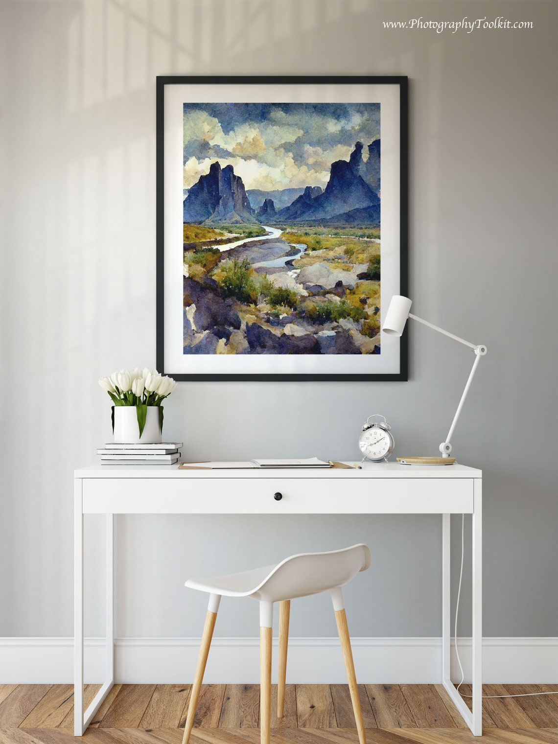 Desert Canyon River Watercolor Rocky Cliffs Dramatic Cloud Sky Poster - Image 2