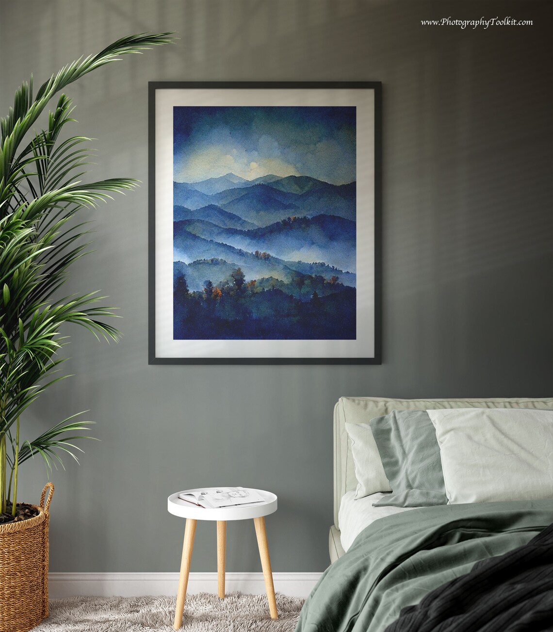 Misty Blue Mountain Peaks Watercolor Soft Light Over Foggy Art Poster - Image 3