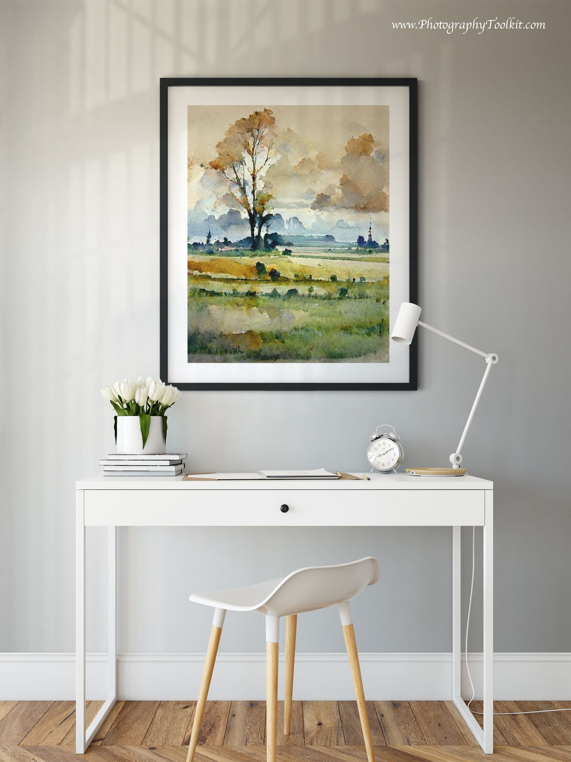 Lone Tree Meadow Soft Clouds Watercolor Tranquil Landscape Poster - Image 2
