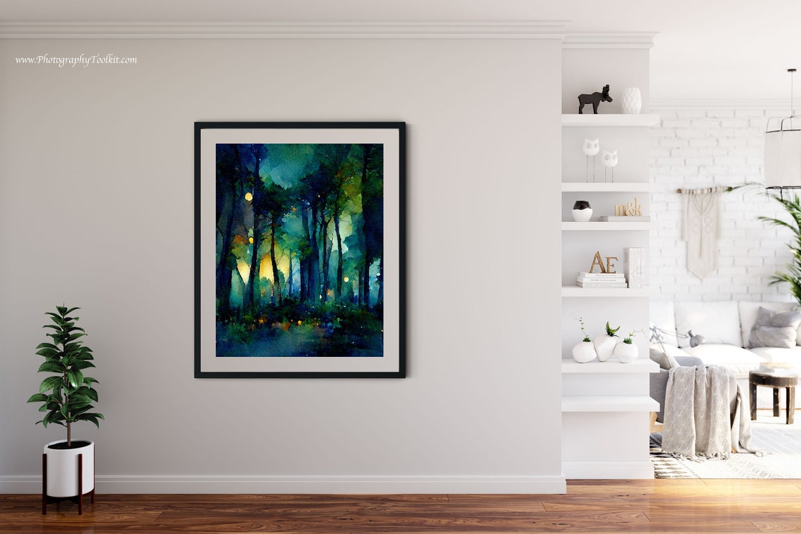 Moonlit Forest Night Glowing Moon Watercolor Dark Trees Poster - Image 4