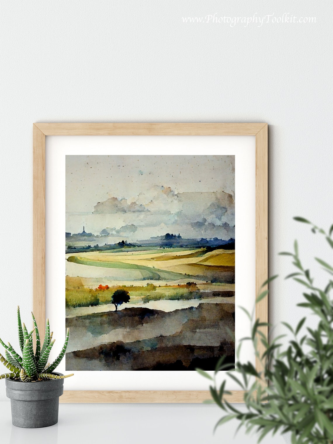 Quiet Fields Lone Tree Muted Sky Watercolor Landscape Poster - Image 5