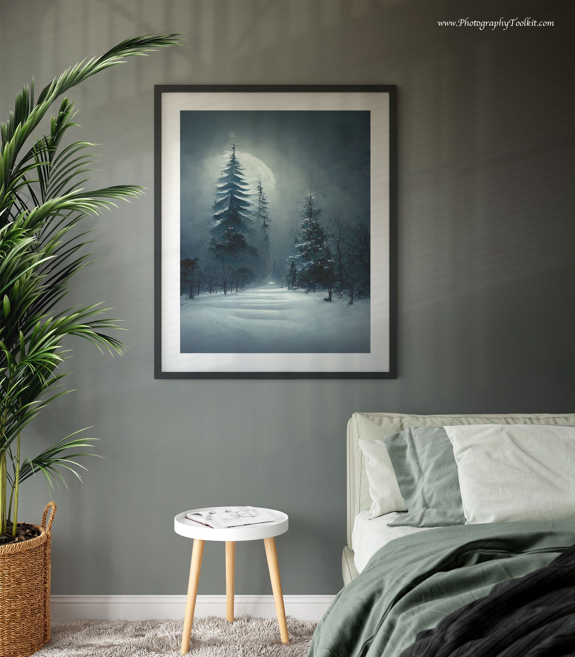 Moonlit Snowy Pine Forest Night Watercolor Winter Landscape Poster - Image 3
