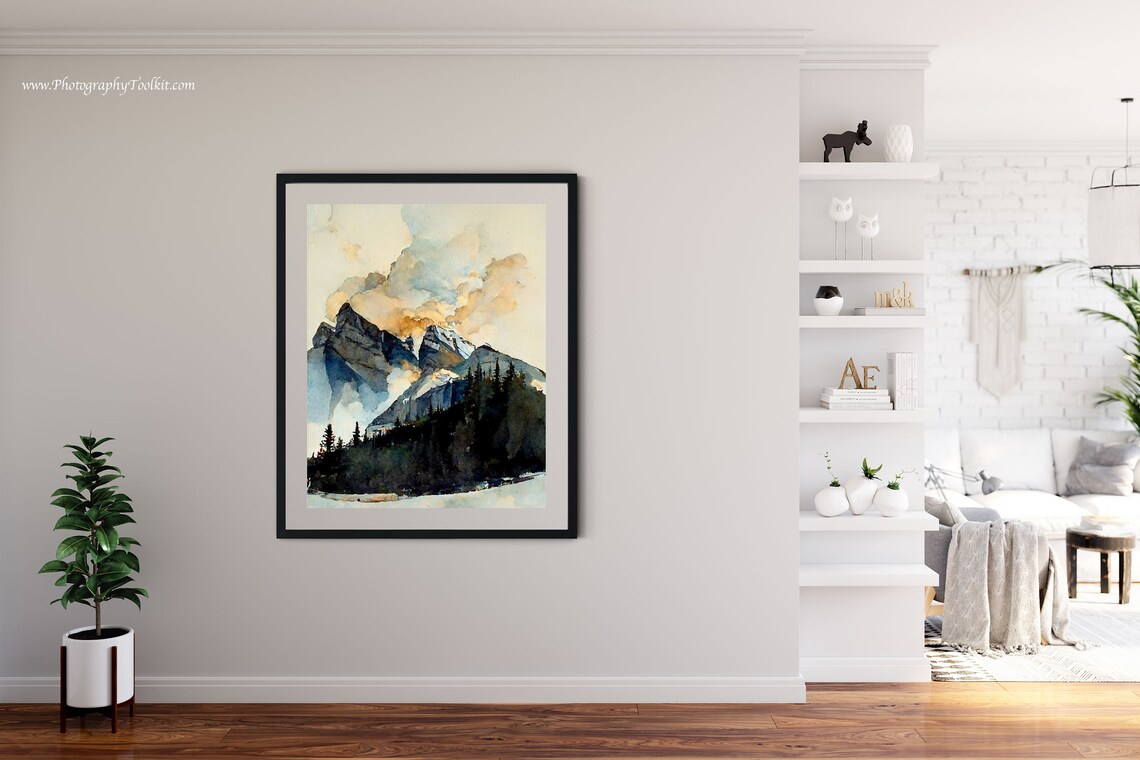 Banff Rocky Mountain Watercolor Print Misty Peaks Pine Forest Art - Image 4