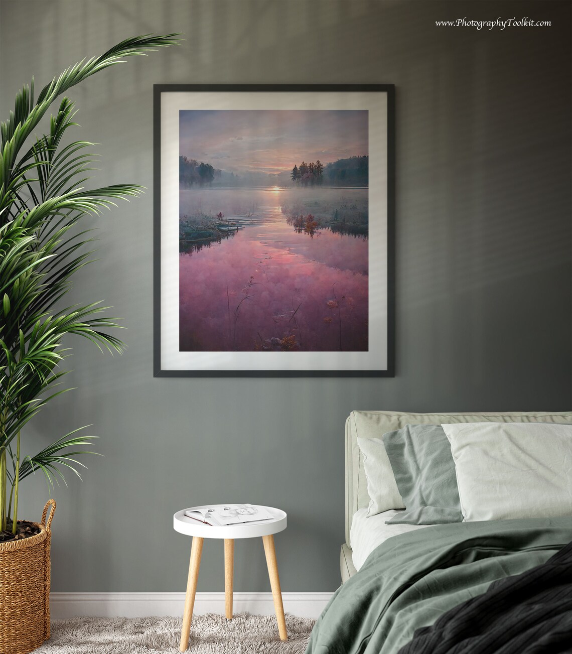 Misty Pink Sunrise Lake Reeds Calm Morning Landscape Art Poster - Image 3