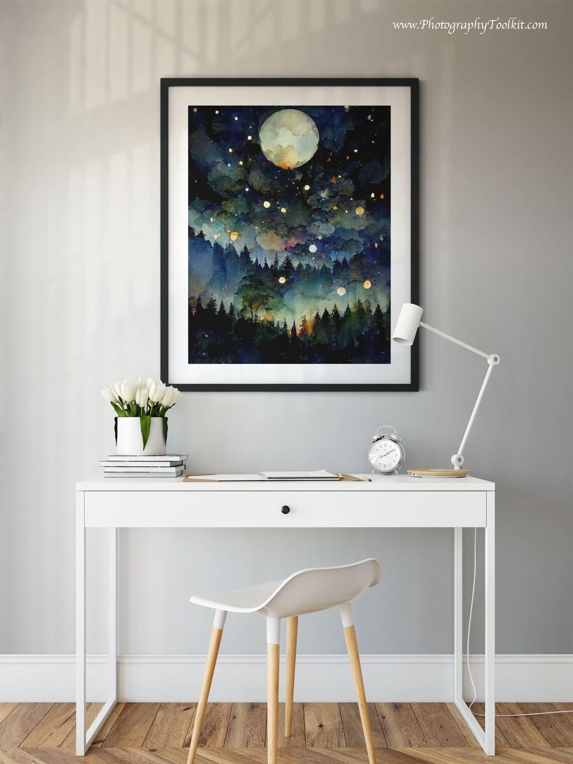 Full Moon Over Dark Forest Night Sky Glowing Orbs Watercolor Poster - Image 2