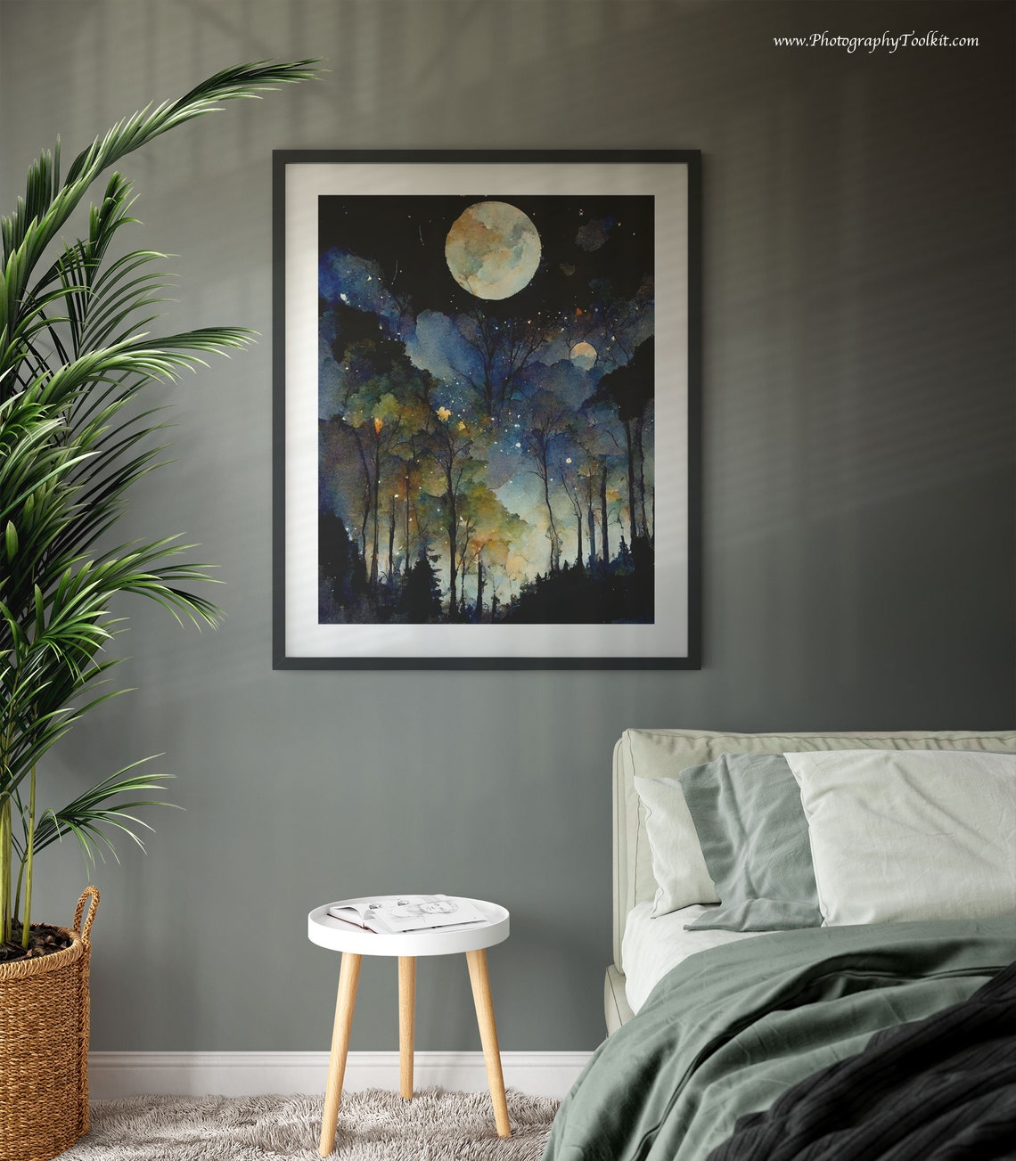 Full Moon And Crescent Night Forest Starry Sky Watercolor Poster - Image 3