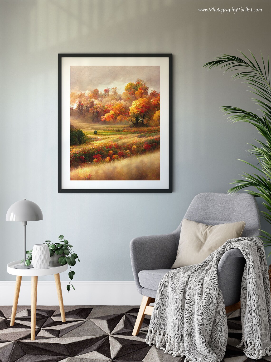 Golden Autumn Meadow Landscape Print Colorful Fall Trees Rolling Hills Art - Image 6