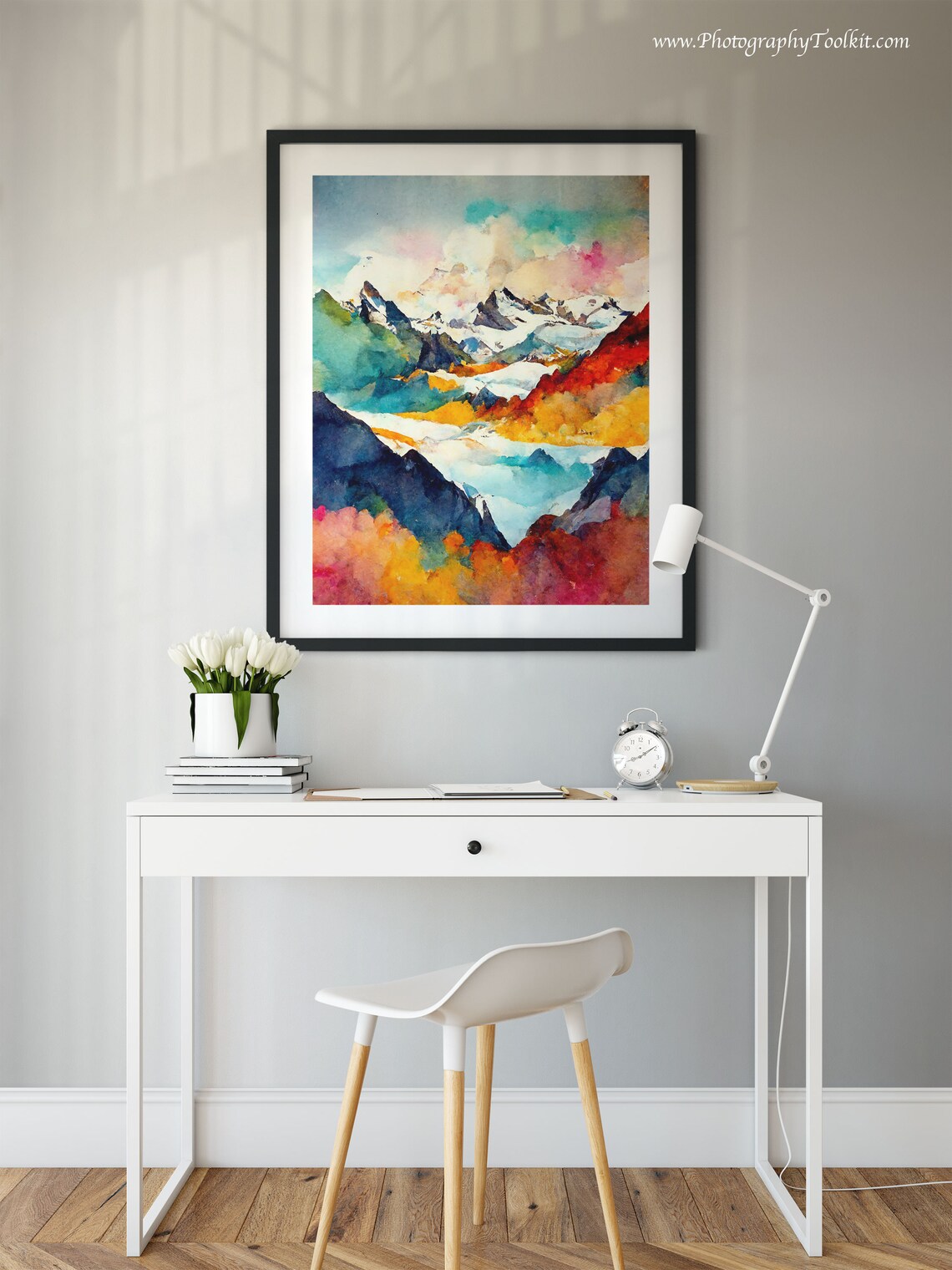 Snowy Mountain Peaks Autumn Colors Vibrant Watercolor Nature Poster - Image 2