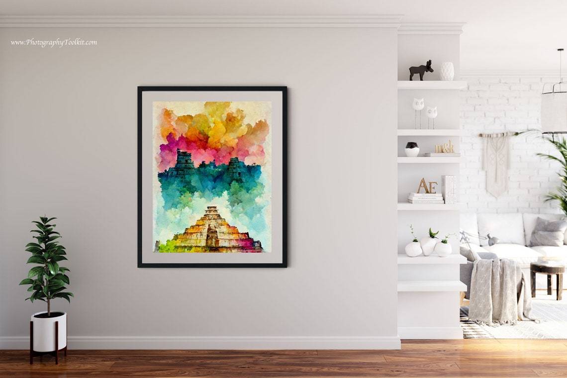 Chichen Itza Mexico Mayan Pyramid Watercolor Sunset Sky Poster - Image 4
