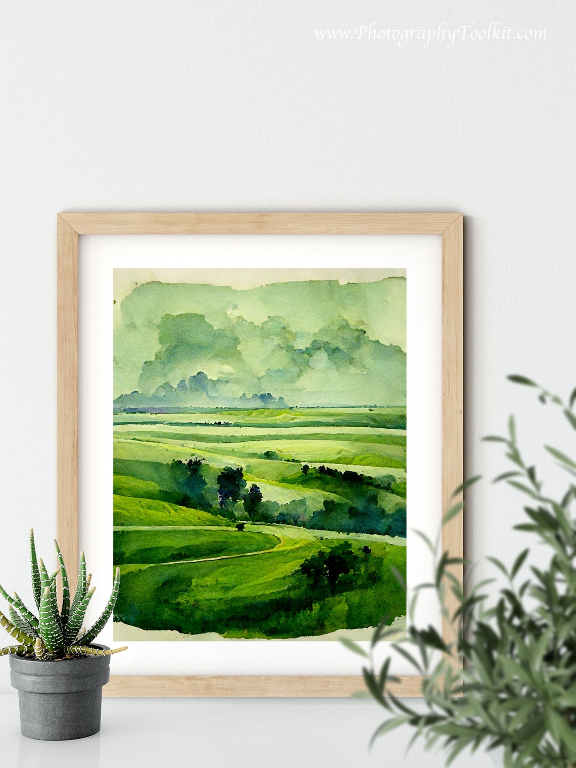 Green Rolling Plains Watercolor Pasture Landscape Meadow Poster - Image 5