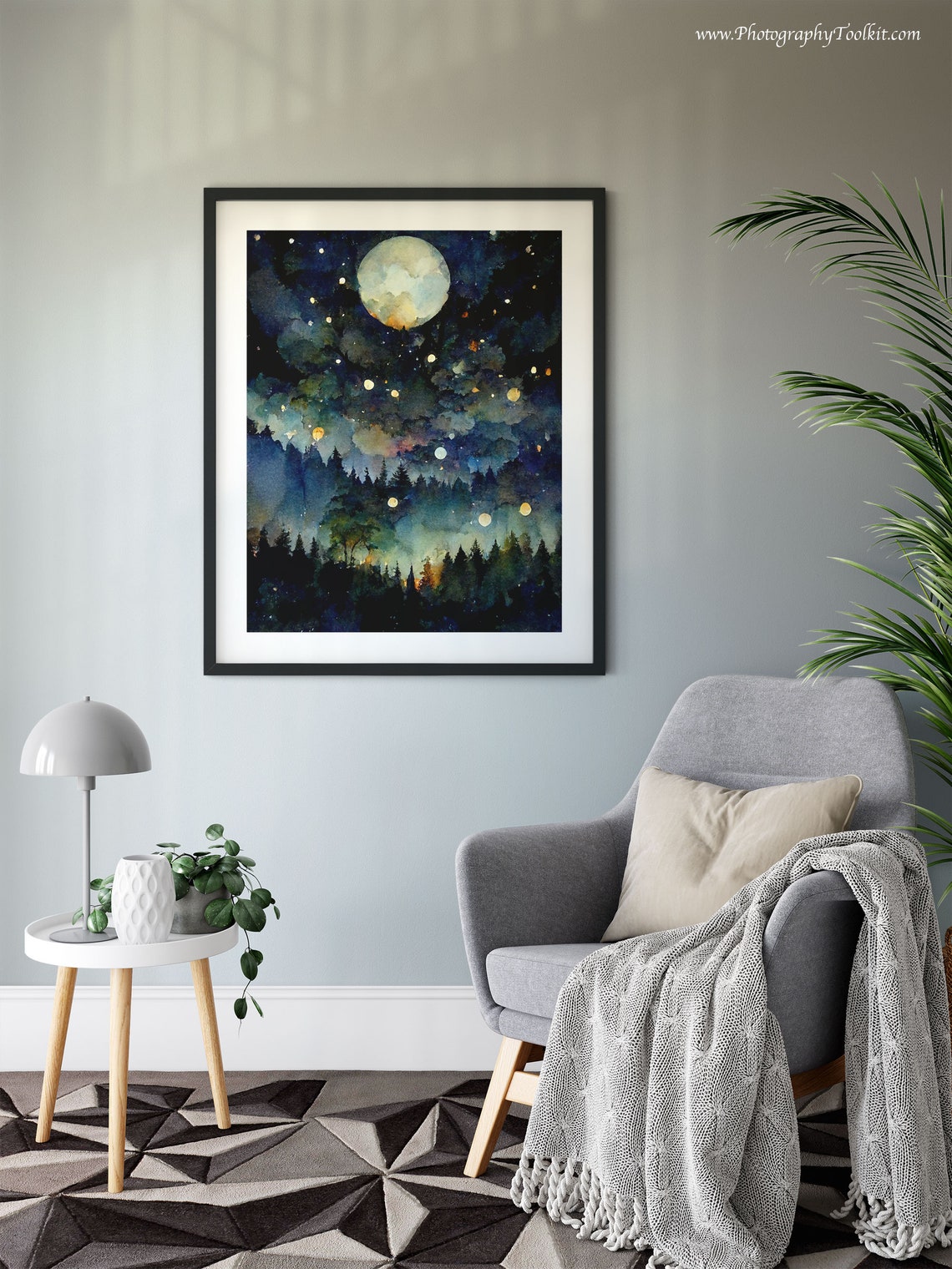 Full Moon Over Dark Forest Night Sky Glowing Orbs Watercolor Poster - Image 6