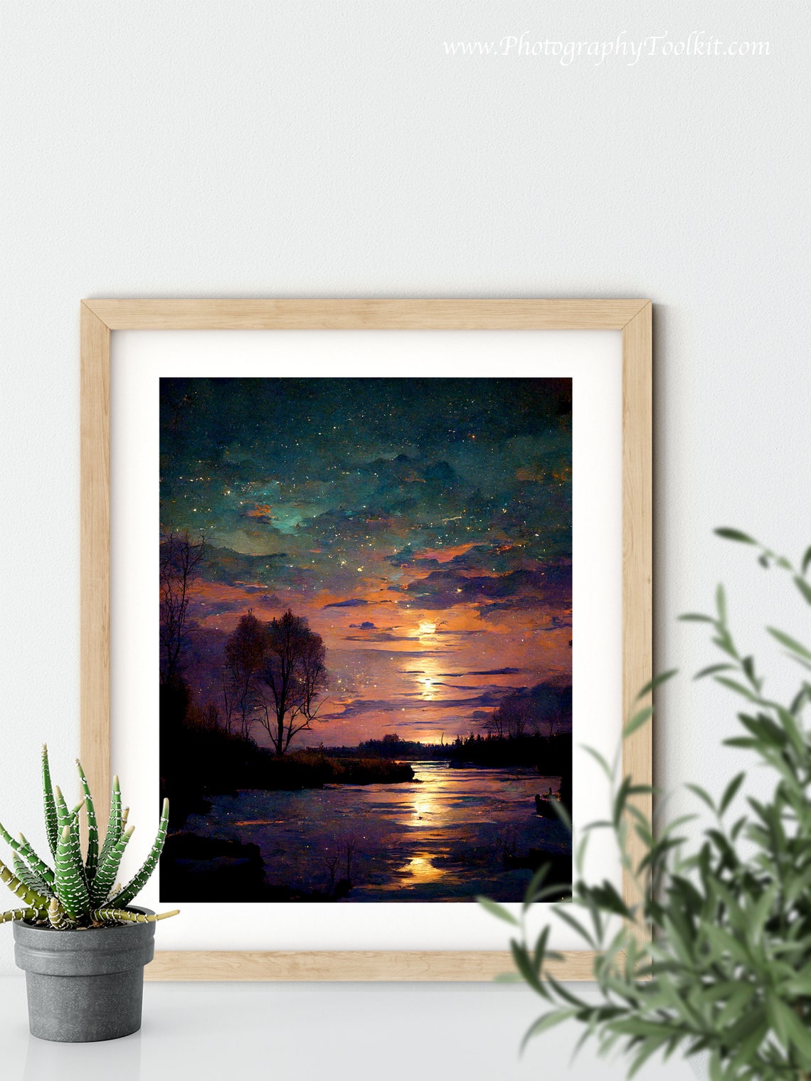Full Moon Night Sky Starry Lake Reflection Watercolor Art Poster - Image 5