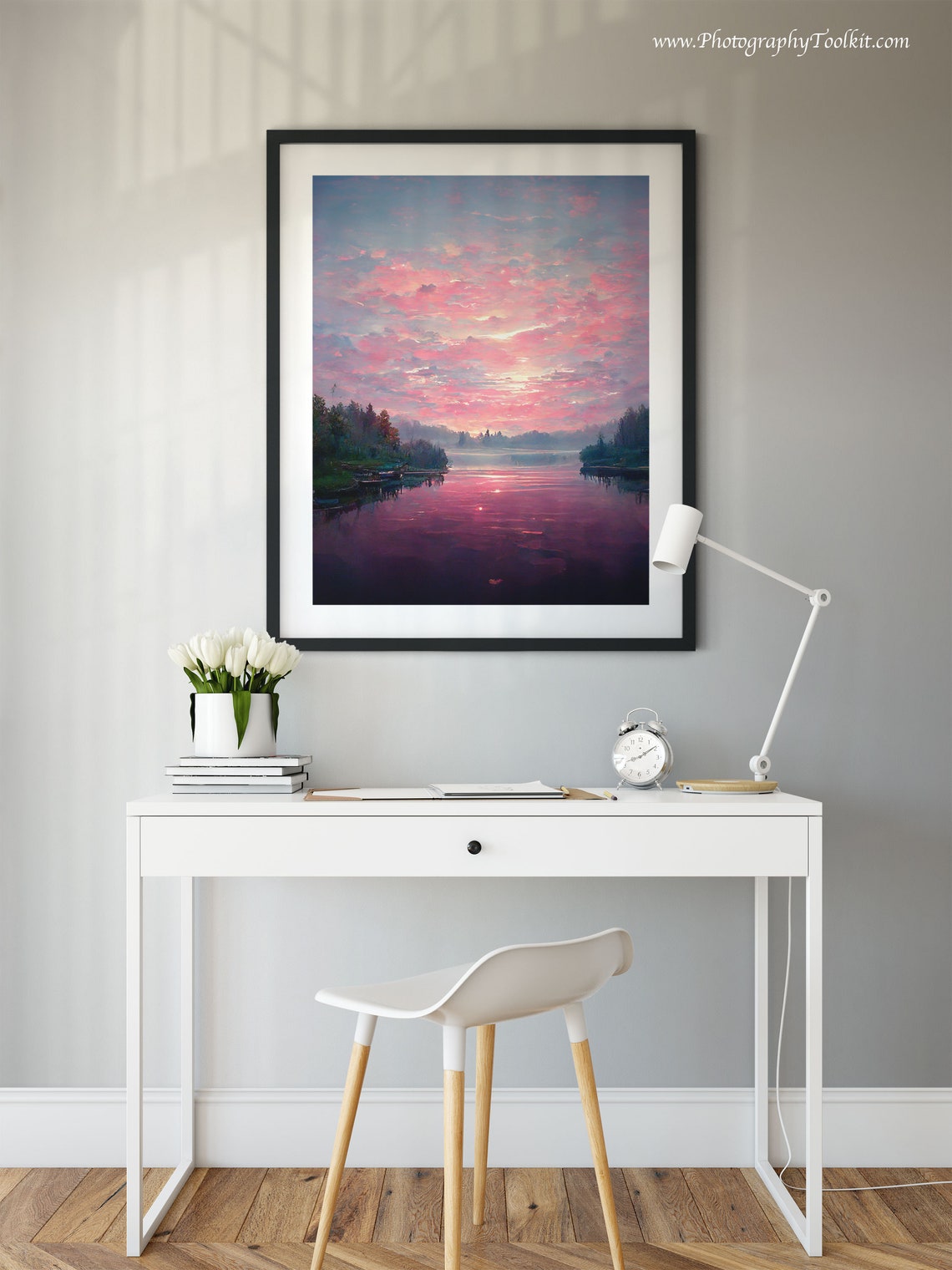 Pink Sunset Lake Serene Water Reflection Nature Landscape Poster - Image 2
