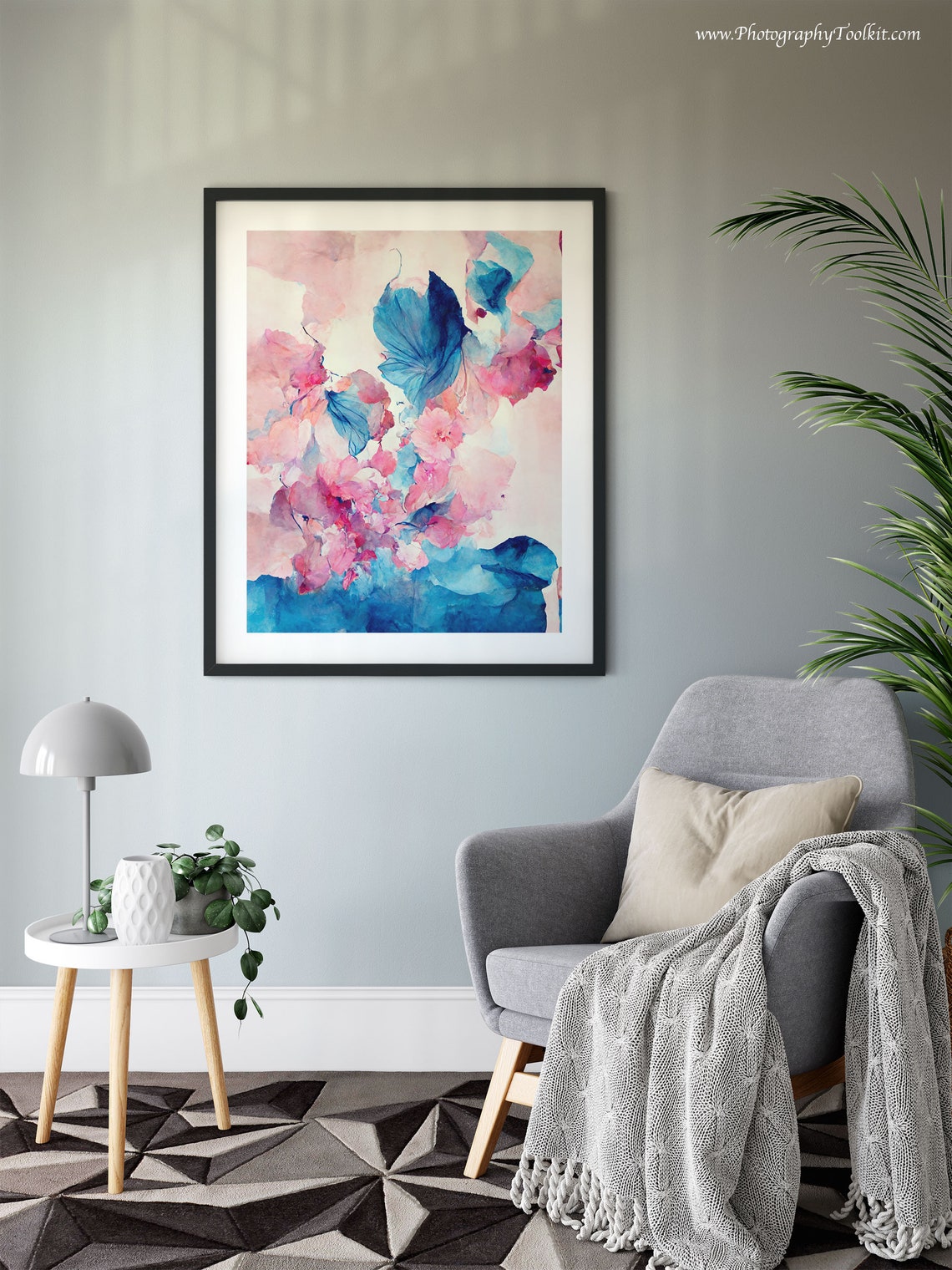 Pink Blossom Abstract Blue Ink Wash Watercolor Dreamy Floral Poster - Image 6