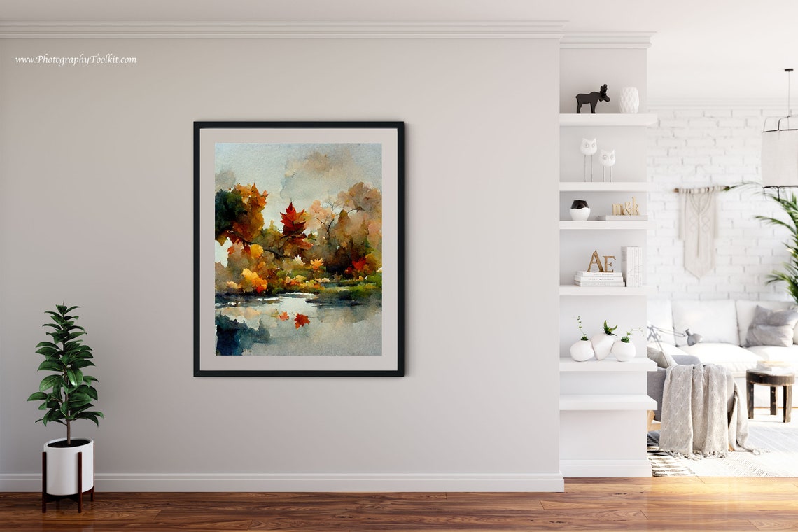 Autumn Maple Tree Watercolor Print Fall Leaves Lake Reflection Art - Image 4