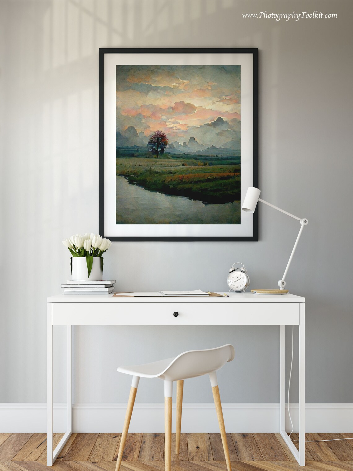 Watercolor Winter Forest Landscape Art Print, Pastel Clouds - Image 2