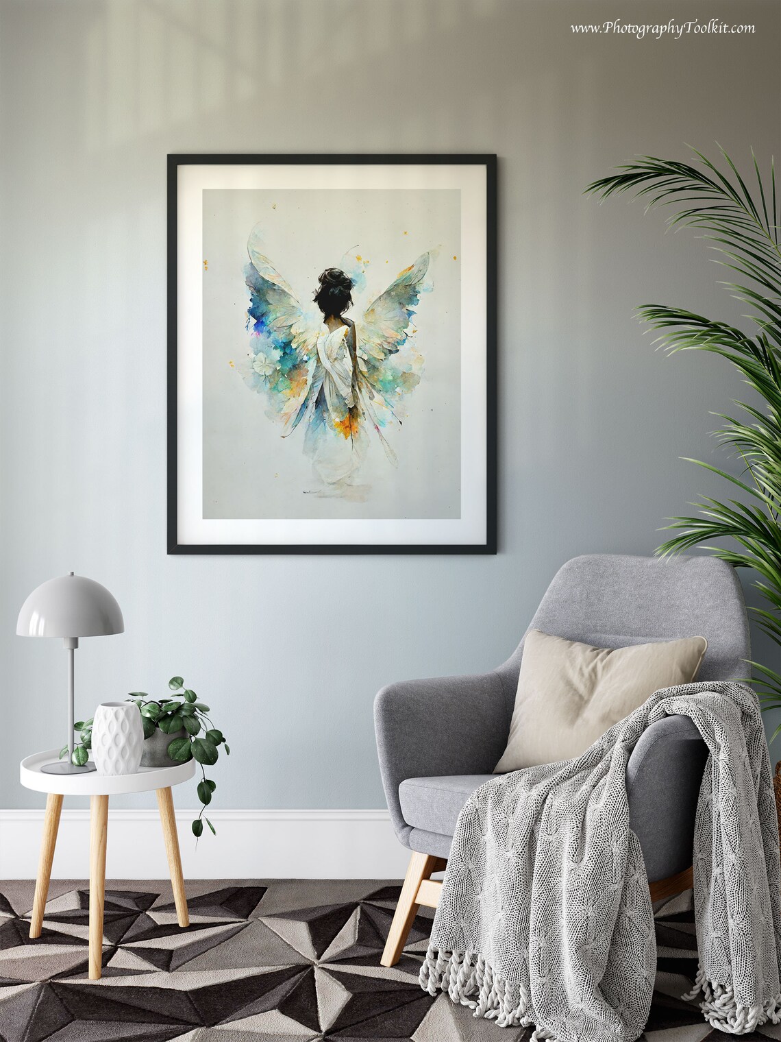 Angel with Watercolor Blue and Gold Wings Seen from Behind Art Poster - Image 6