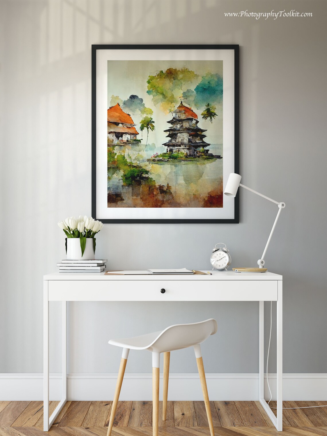 Balinese Temple Tropical Palms Lakeside Watercolor Indonesia Poster - Image 2