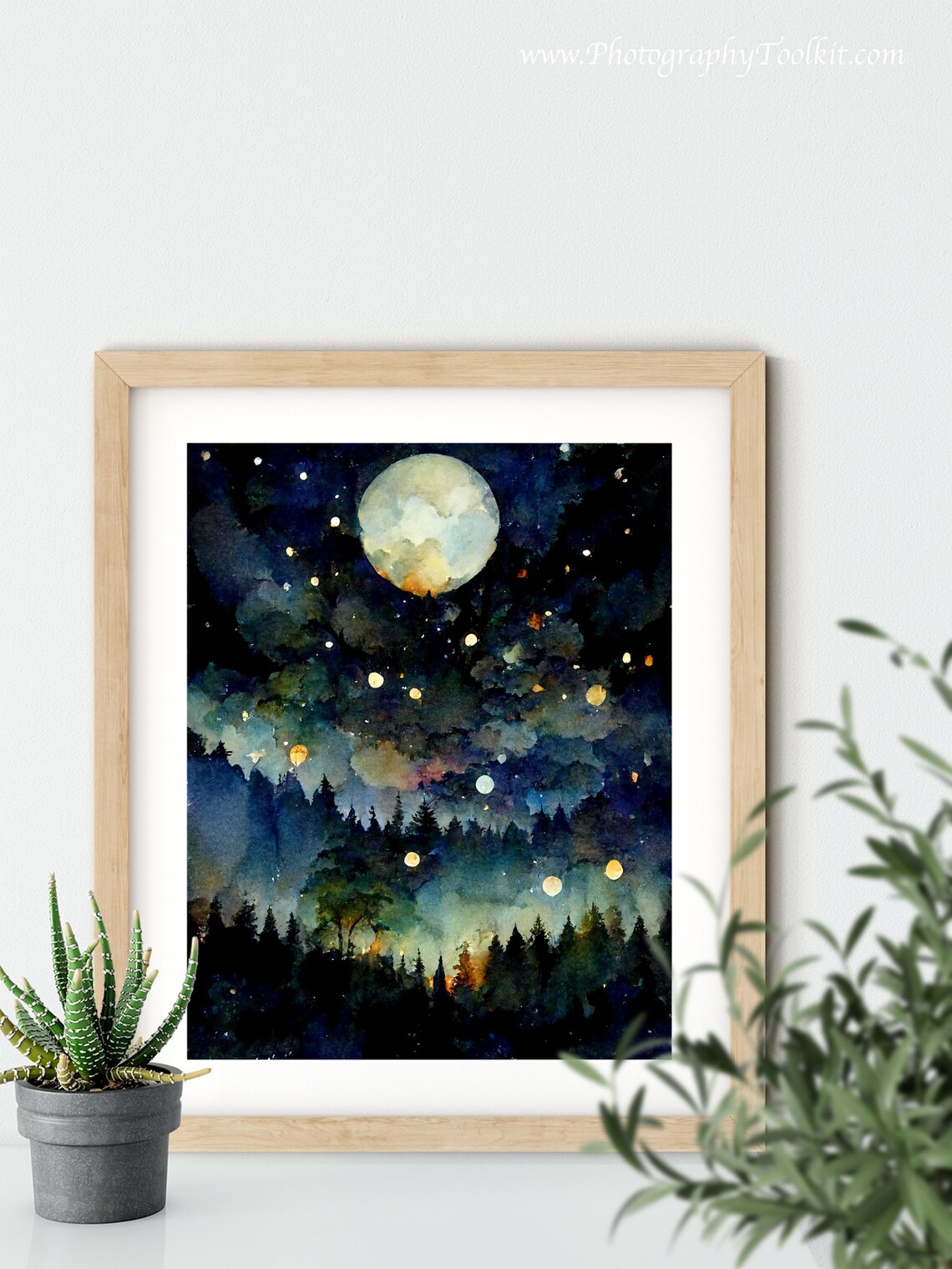 Full Moon Over Dark Forest Night Sky Glowing Orbs Watercolor Poster - Image 5