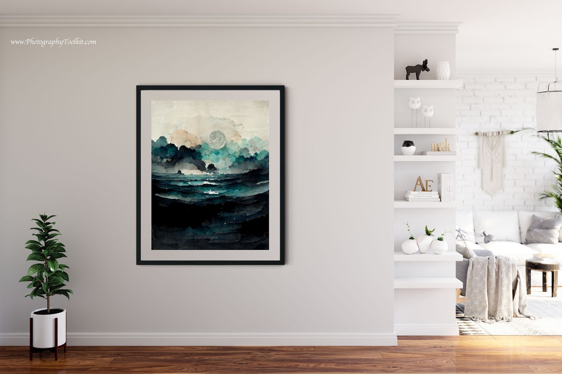 Dark Teal Ocean Waves Pale Moon Clouds Watercolor Night Sea Poster - Image 4