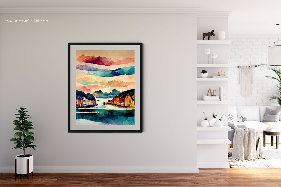 Bergen Norway Bryggen Waterfront Colorful Houses Watercolor Poster - Image 4