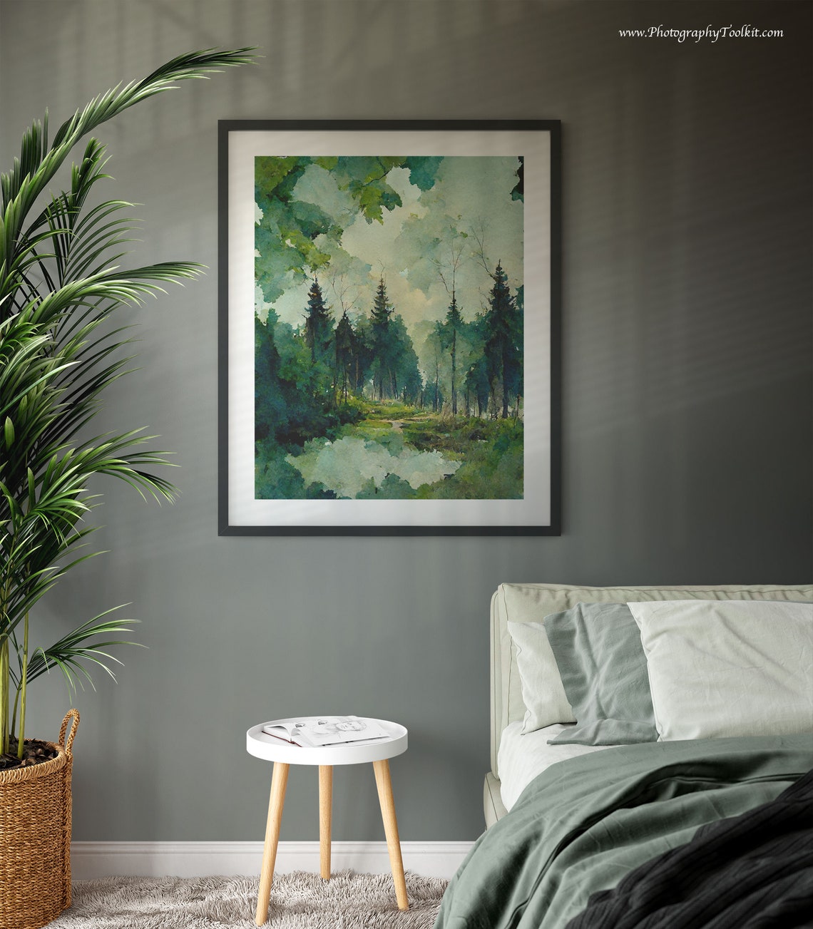 Misty Pine Forest Pond Reflective Calm Serene Watercolor Poster - Image 3