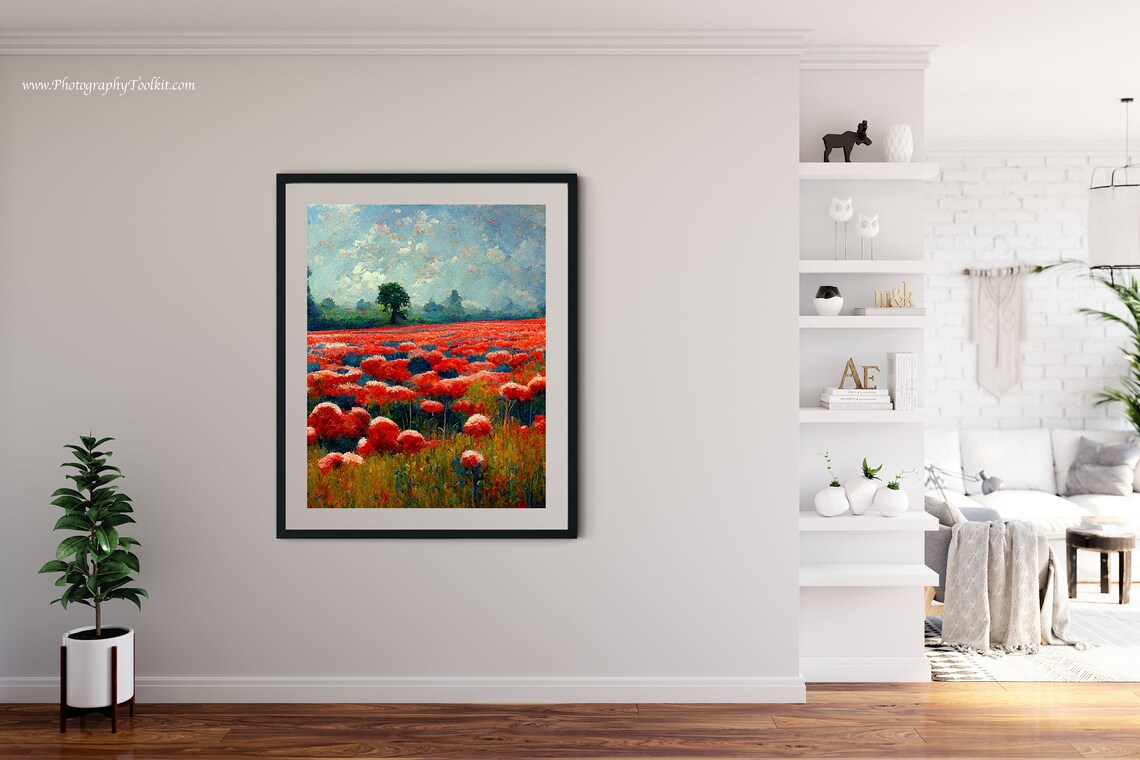 Poppy Fields Print, Monet-Style Farmhouse Landscape - Image 4