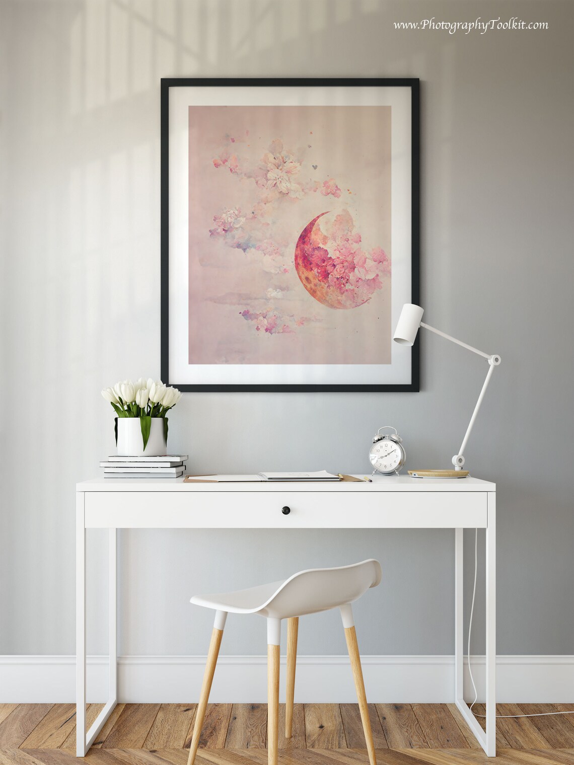 Pink Crescent Moon Blossom Clouds Soft Dreamy Watercolor Print - Image 2