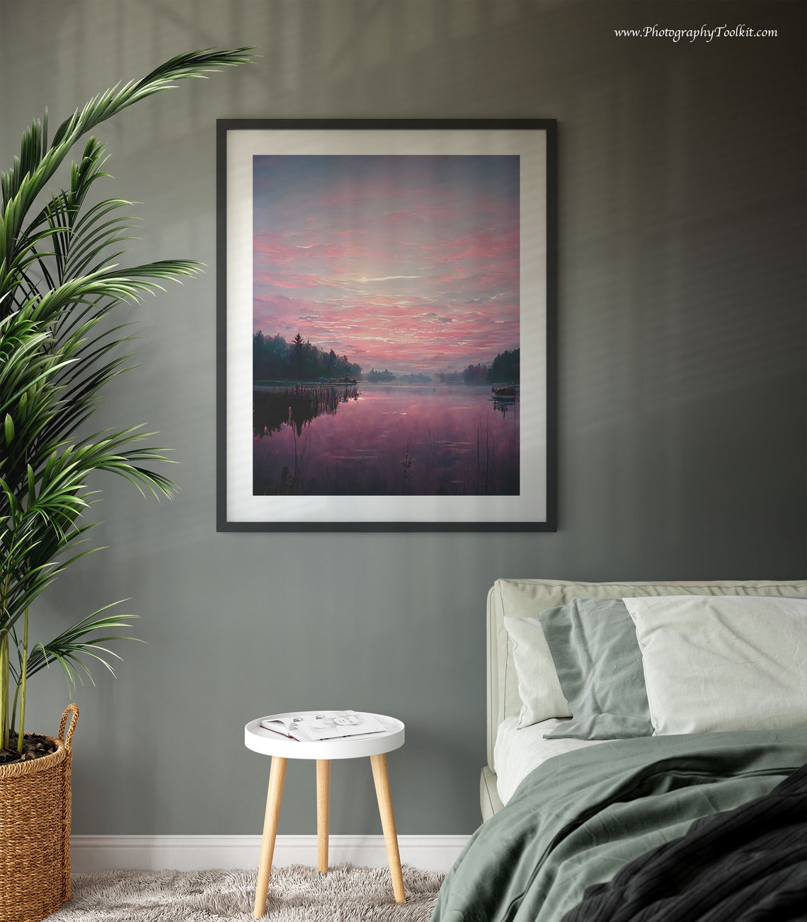 Pink Sunset Lake Reeds Reflection Tranquil Water Landscape Poster - Image 3