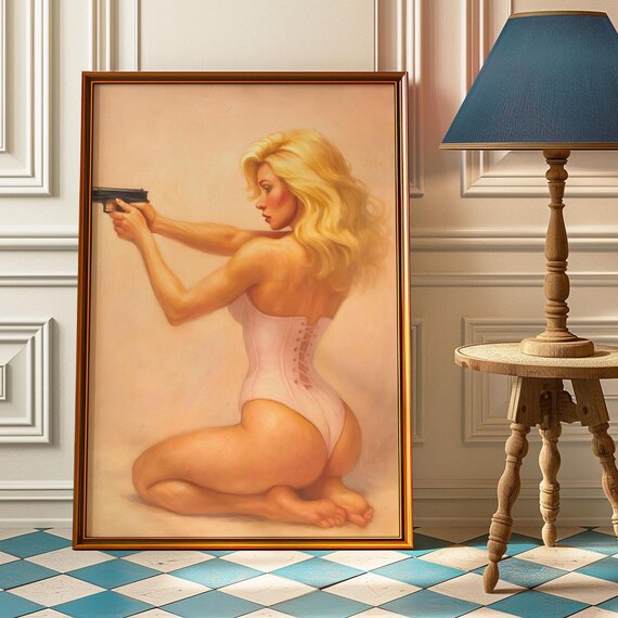 Retro Woman With A Gun Poster Vintage Femme Fatale Sexy Strong Print Empowerment Home Decor Gift For Badass Bestie