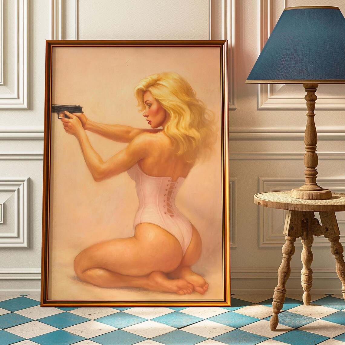 Retro Femme Fatale Woman with Gun in Corset Vintage Style Poster