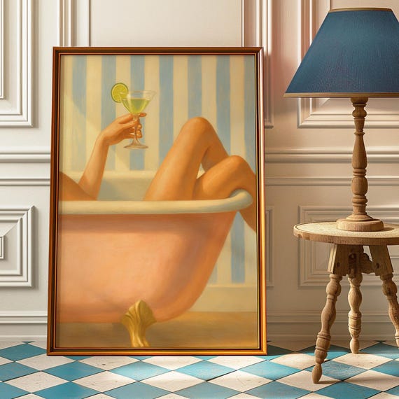 Retro Woman Bath Art Print Midcentury Feminine Wall Decor Cute Pink Poster Vintage Bathroom Cocktail
