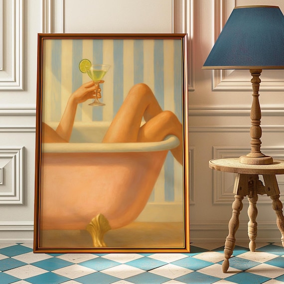 Retro Woman Bath Art Print Midcentury Pink Martini Cocktail Scene
