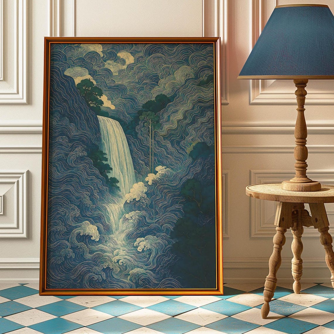Japanese Waterfall Ukiyoe Style Poster Blue Green Woodblock Waves Art