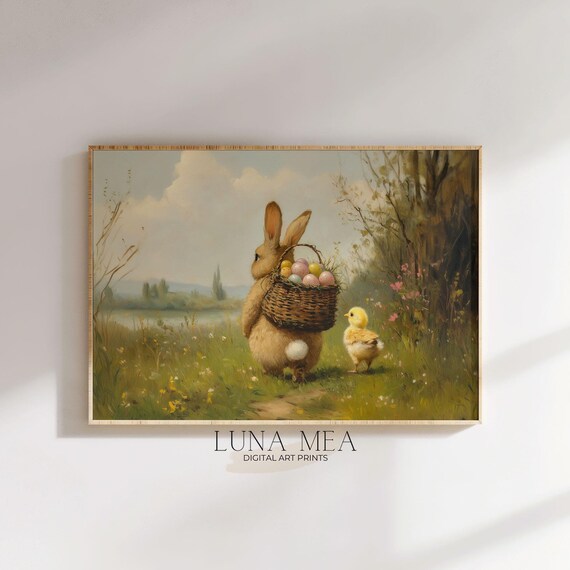 Vintage Easter Bunny Carrying Egg Basket Through Meadow With Chick Art Poster