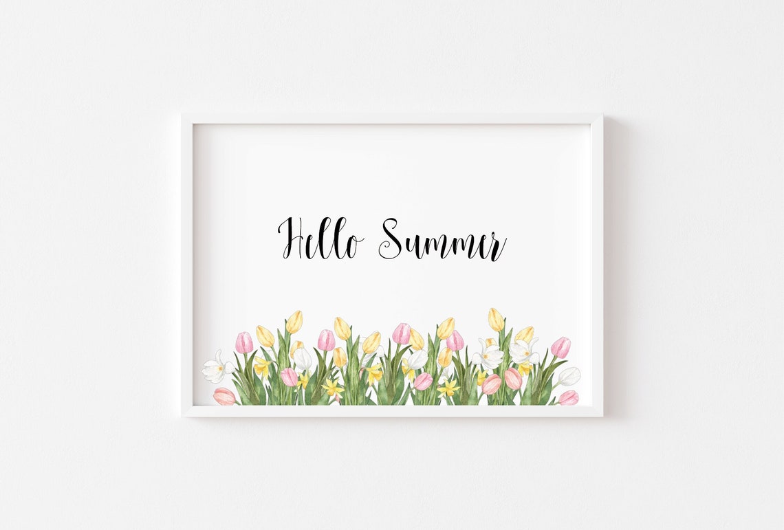Hello Summer Watercolor Tulips Daffodils Seasonal Floral Poster