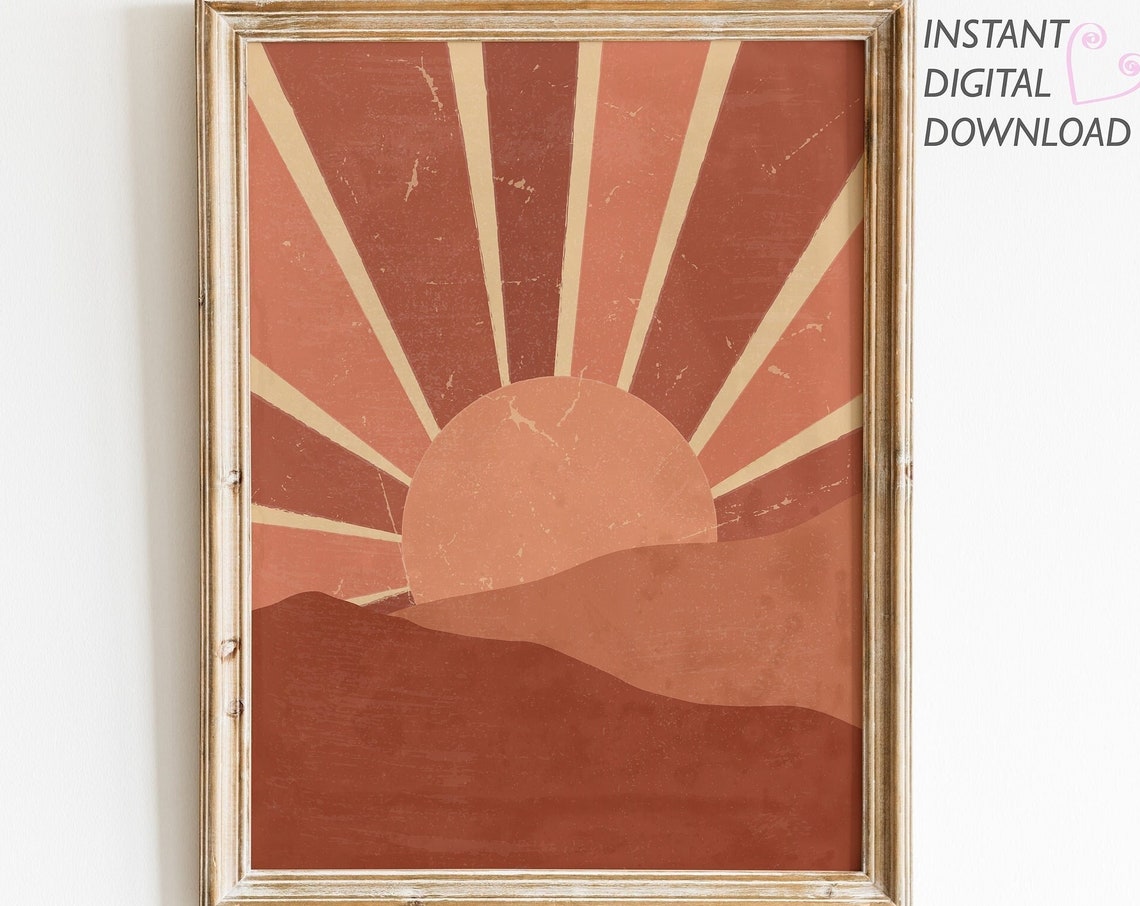 Boho Terracotta Sunset Print Bohemian Landscape Prints Burnt Orange Art Wall