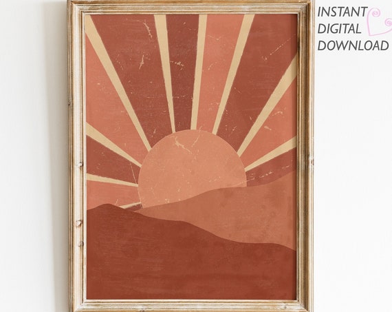 Boho Terracotta Sunset Print Bohemian Landscape Prints Burnt Orange Art Wall