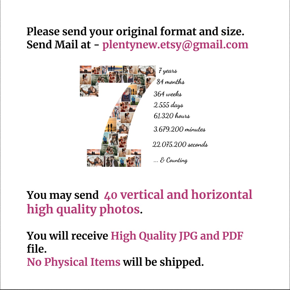 Personalized 7th Anniversary Number 7 Photo Collage Gift File Print
