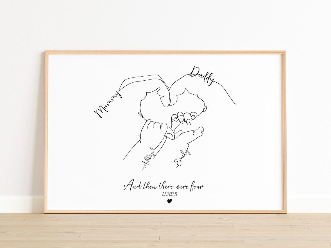 Family Of Four Line Art Hands Personalised New Baby Art Print - Image 2