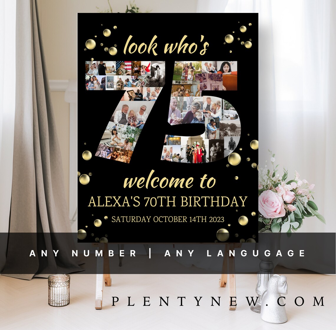 Black and Gold Look Whos 75 Number Photo Collage Birthday Poster