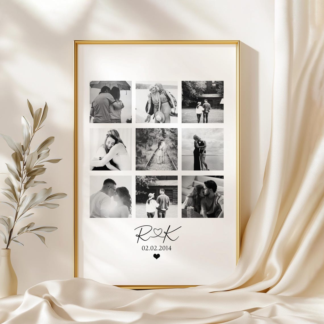 Nine Photo Couple Grid Collage Poster with Initials Date Gift