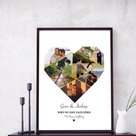 Personalized Heart Photo Collage Custom Couple Names Wall Poster
