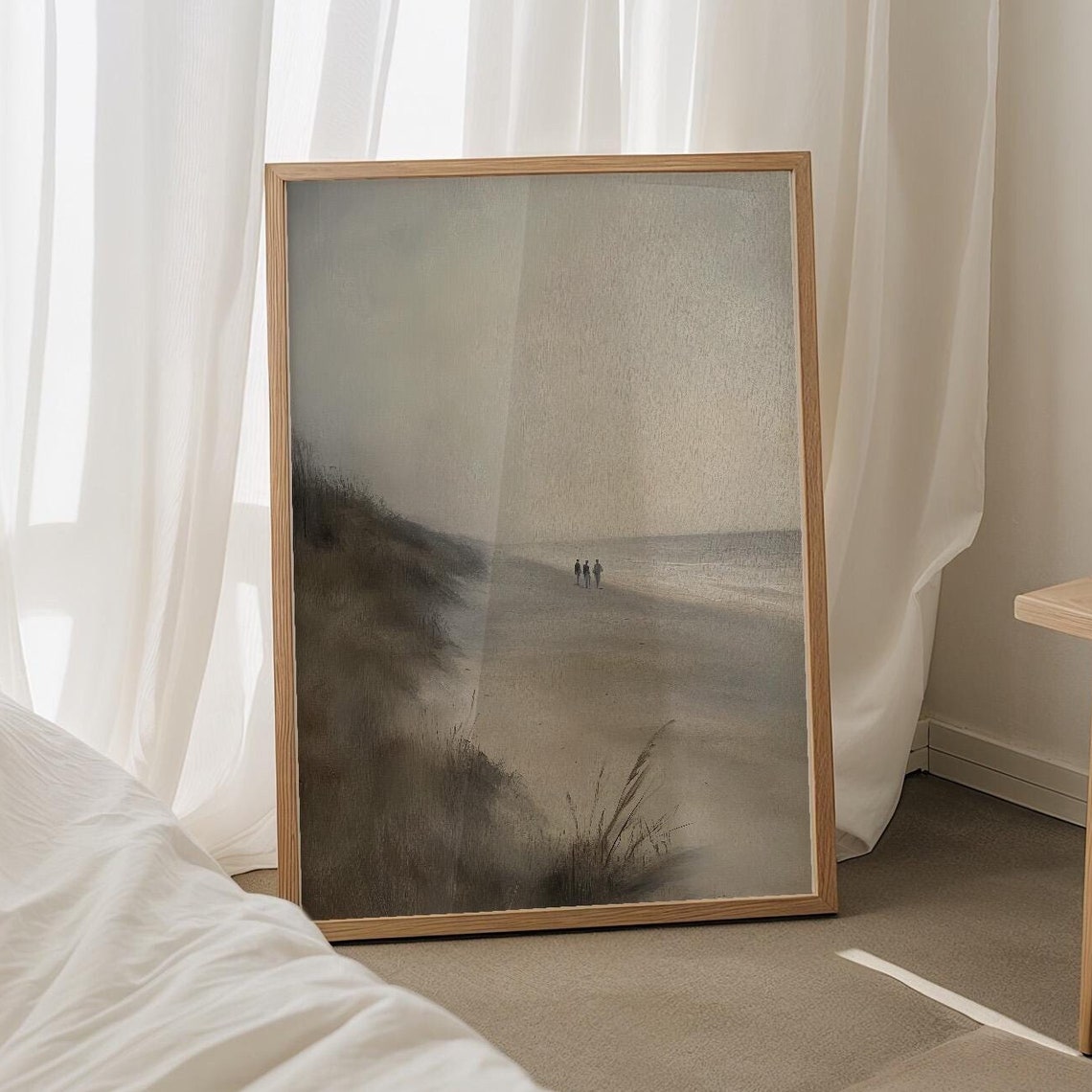 Misty Beach Walk with Three Figures in Soft Neutral Tones Poster