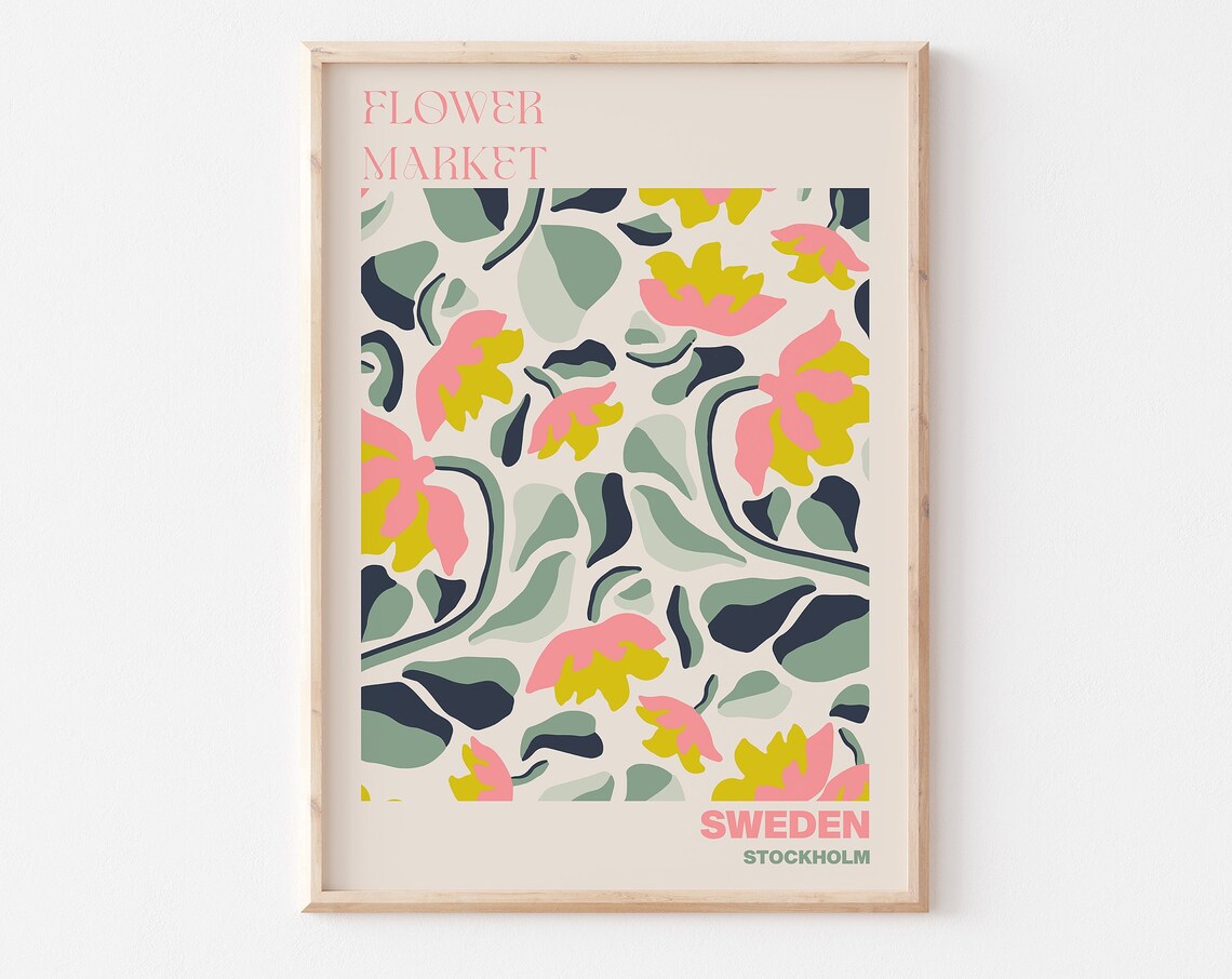 Sweden Flower Market Poster Stockholm Pink Yellow Bloom Artwork