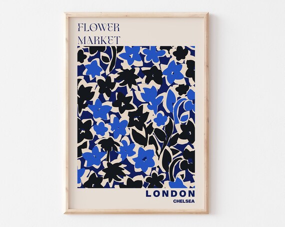 London Flower Market Chelsea Bold Blue Floral Pattern Poster