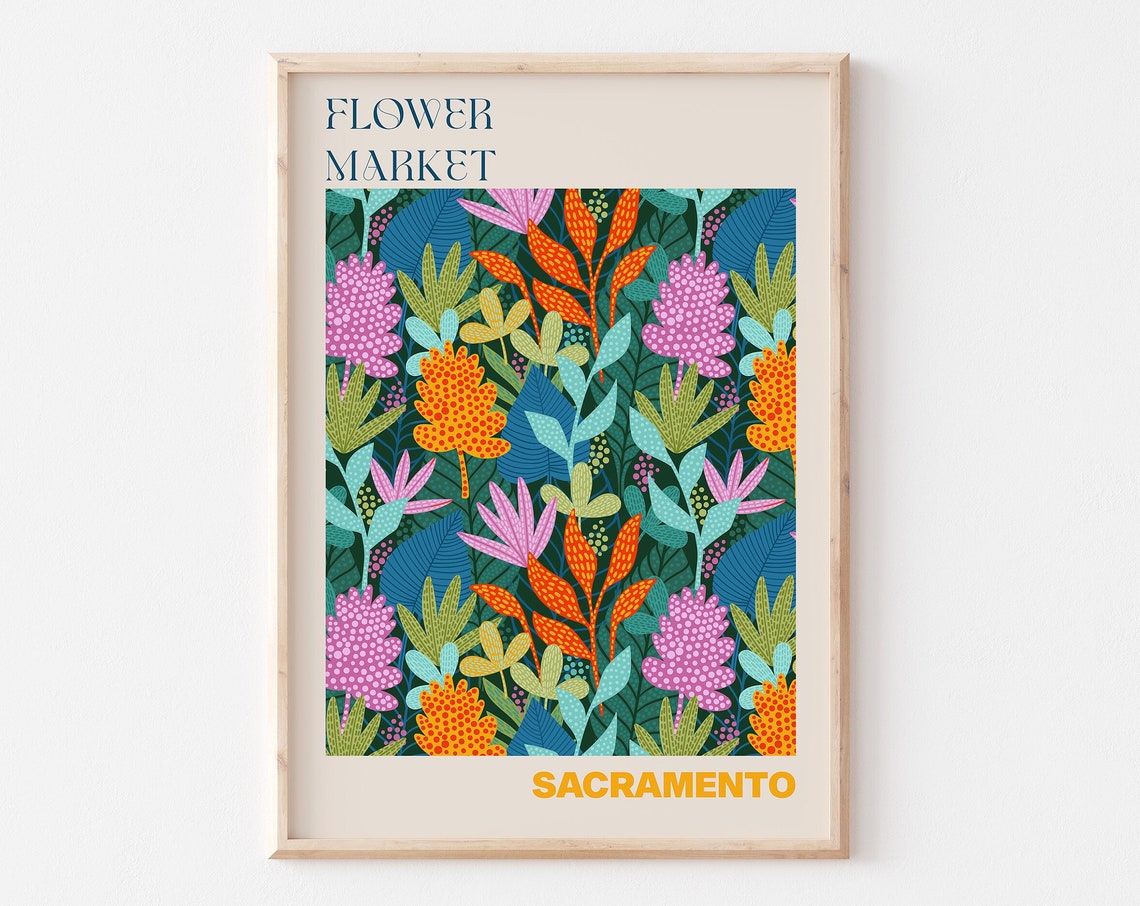 Sacramento Poster Sacramento Wall Art Sacramento Personalised Travel Poster Sacramento Flower Market Print Floral Wall