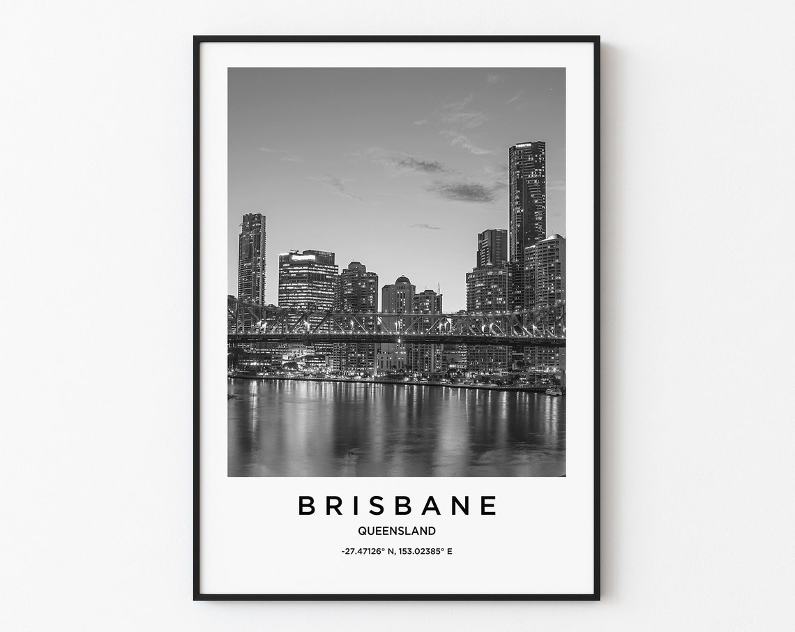 Brisbane Queensland Black White Riverfront Skyline Night Poster