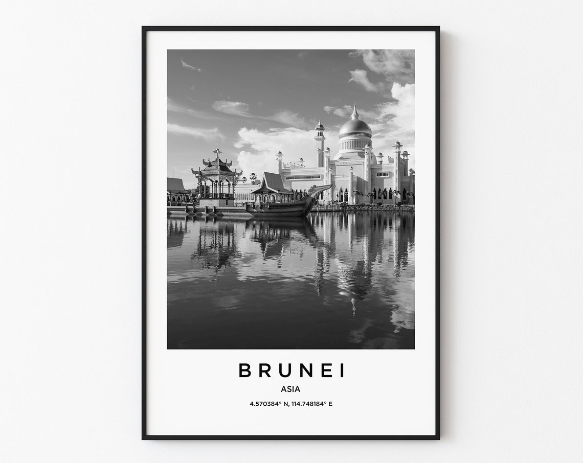 Brunei Asia Floating Mosque Black White Reflection Photo Poster