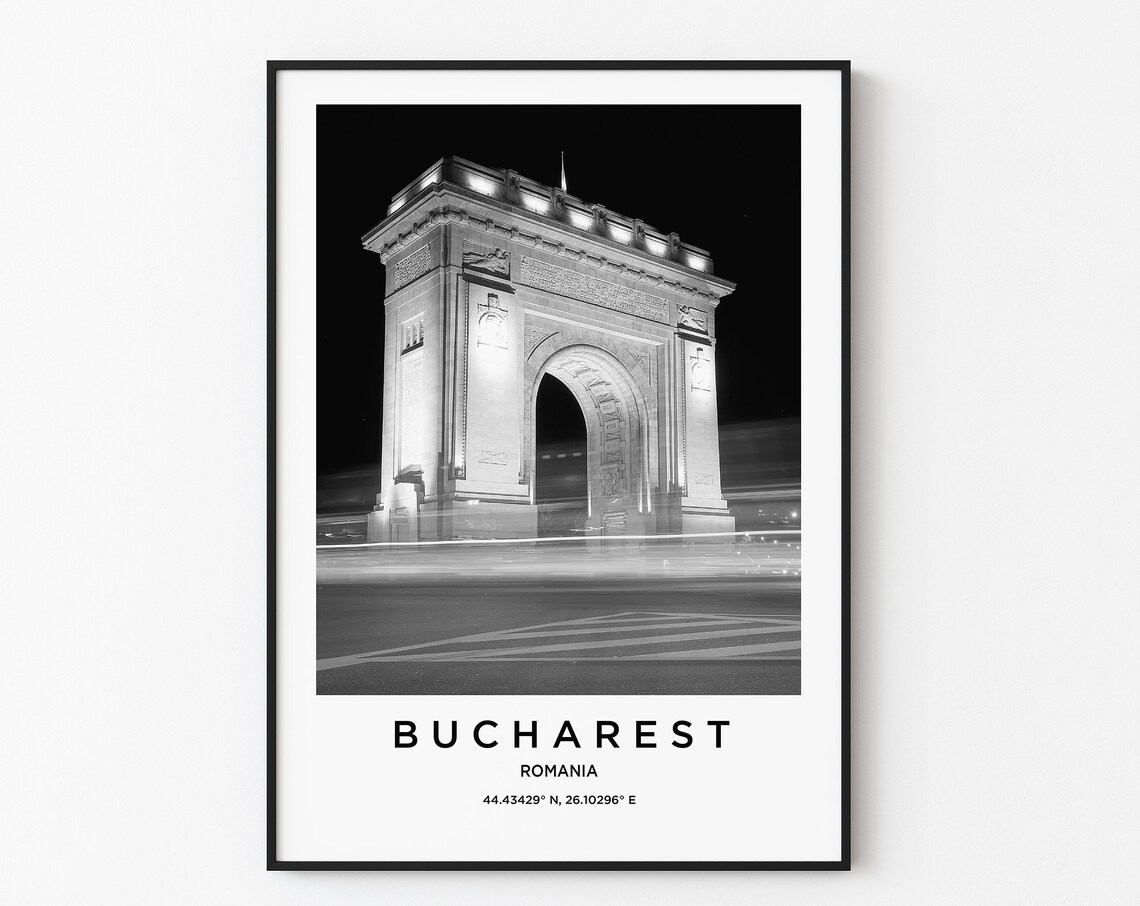 Bucharest Romania Triumphal Arch Night Black White Photo Poster